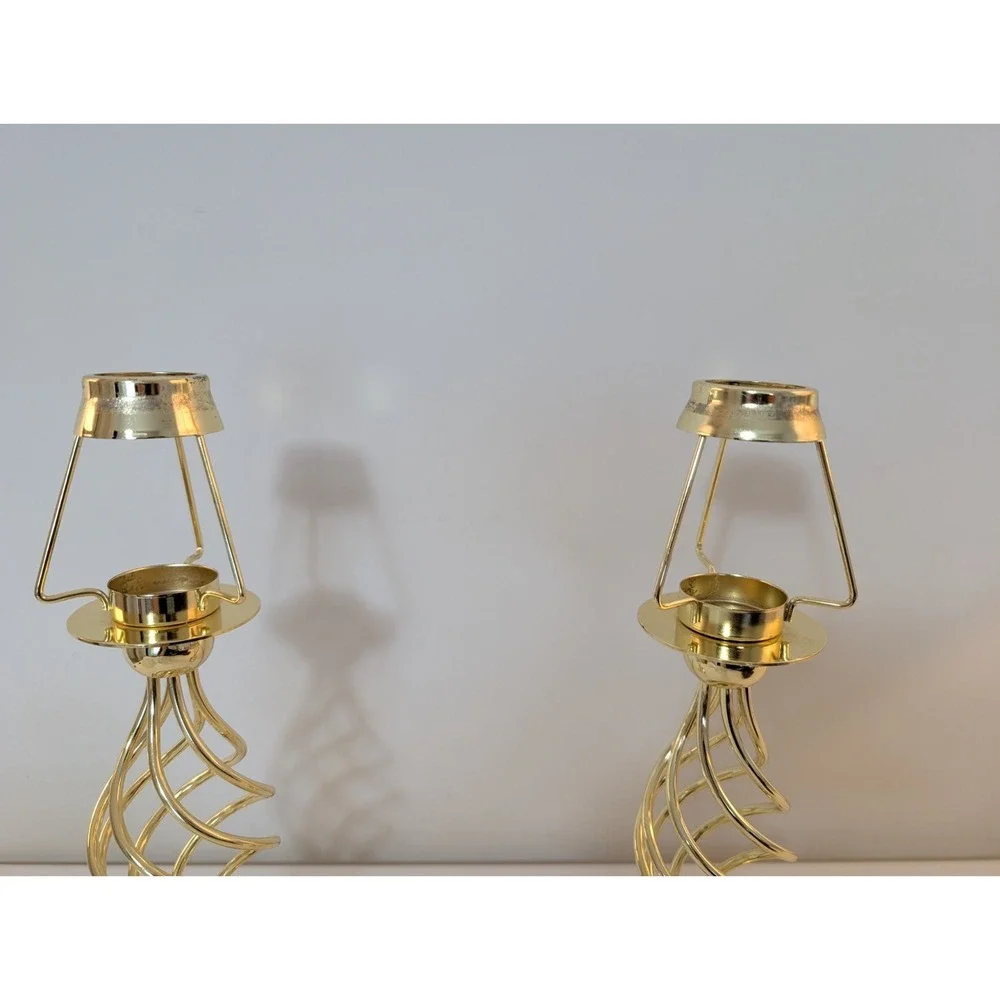 Vintage PartyLite Paragon Tealight Candle Lamps Pair Gold Pearl Shades
